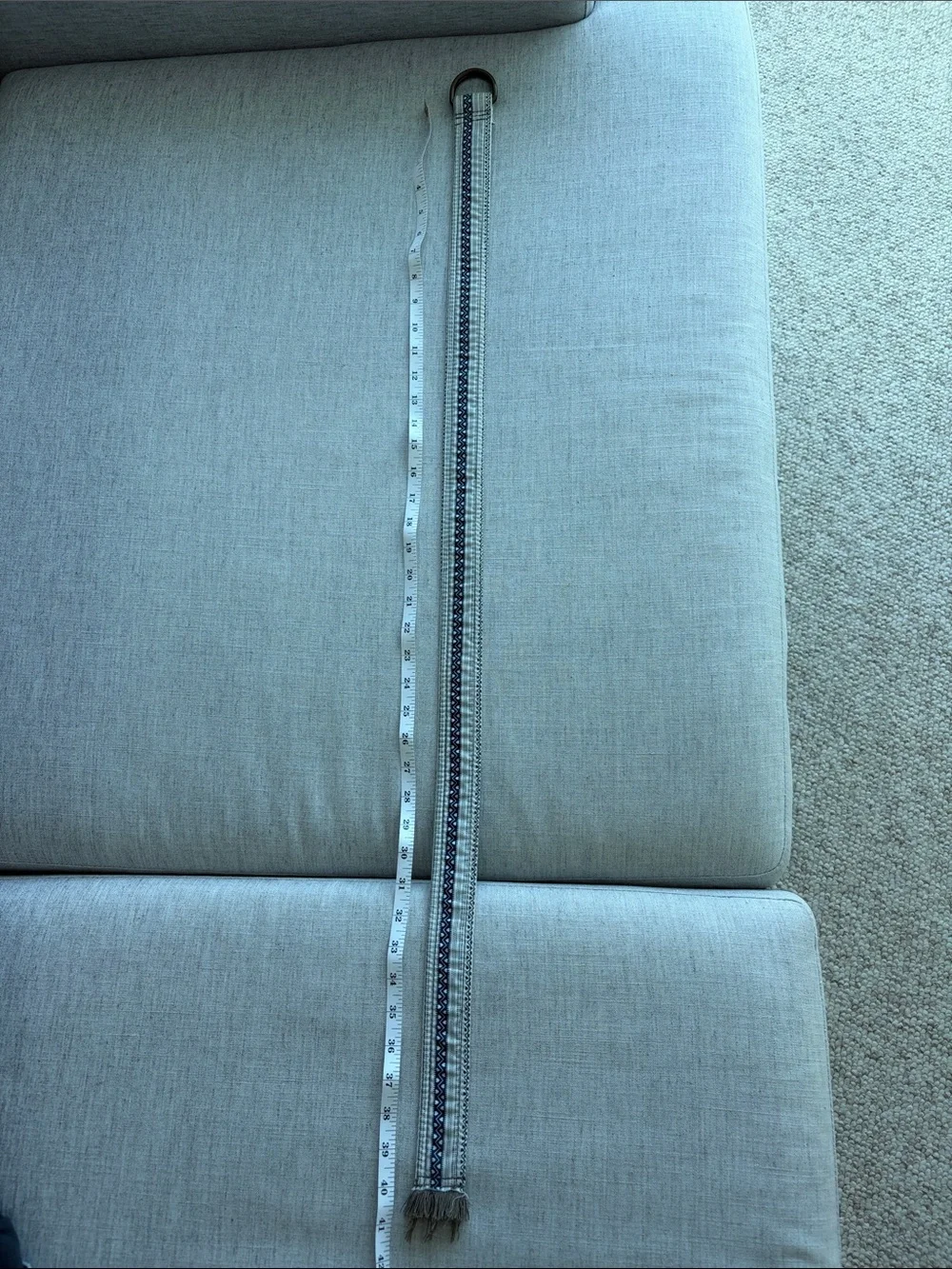 Woven Double-Ring Fabric Belt in Brown, White and Navy with fringe at the end